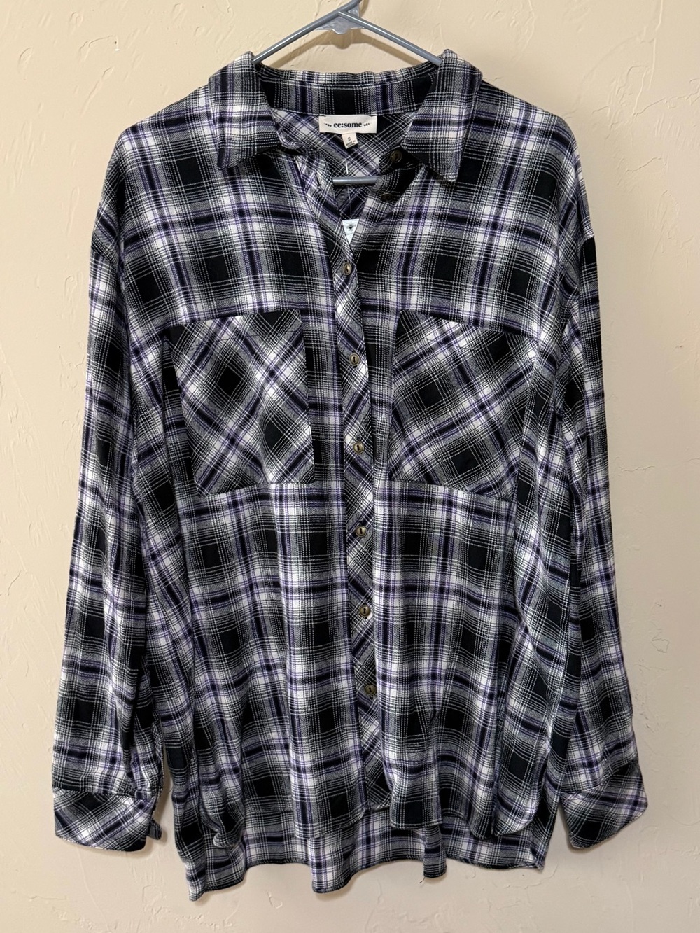 eesome Black and Purple Plaid Long-Sleeve Shirt